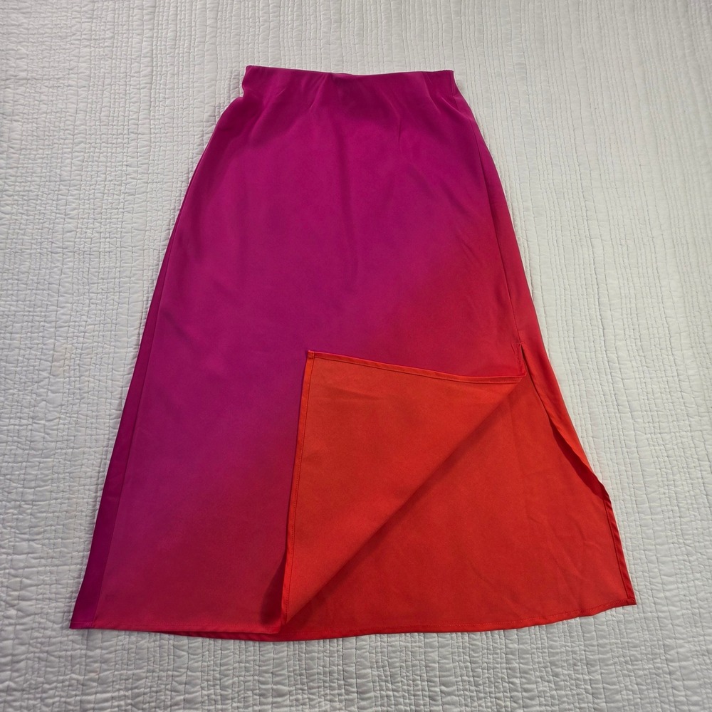 A New Day Pink Orange Ombre Midi Skirt Side Slit Elastic Waist Size XS EUC Boho